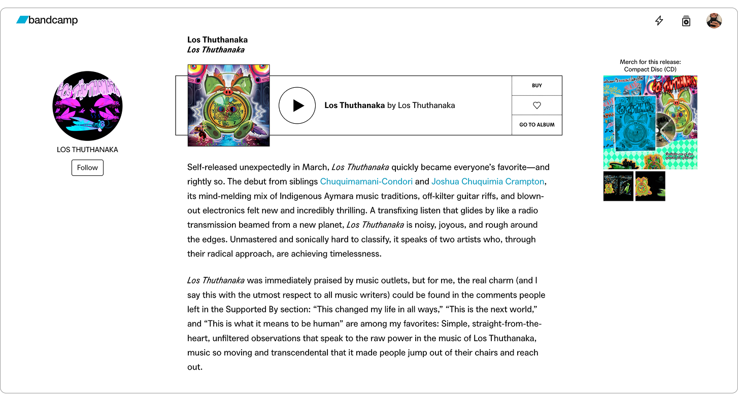 a screenshot of a Bandcamp Daily article featuring user actions, track imagery and metadata