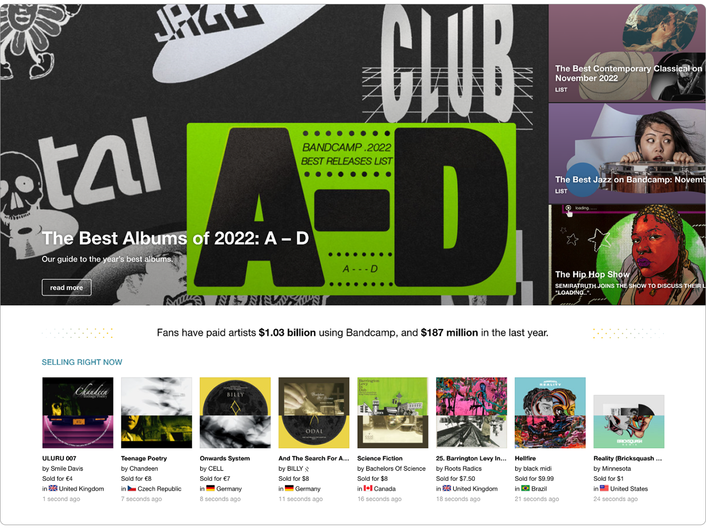 an image of bandcamp's homepage. it features a complex arrangment of images and text