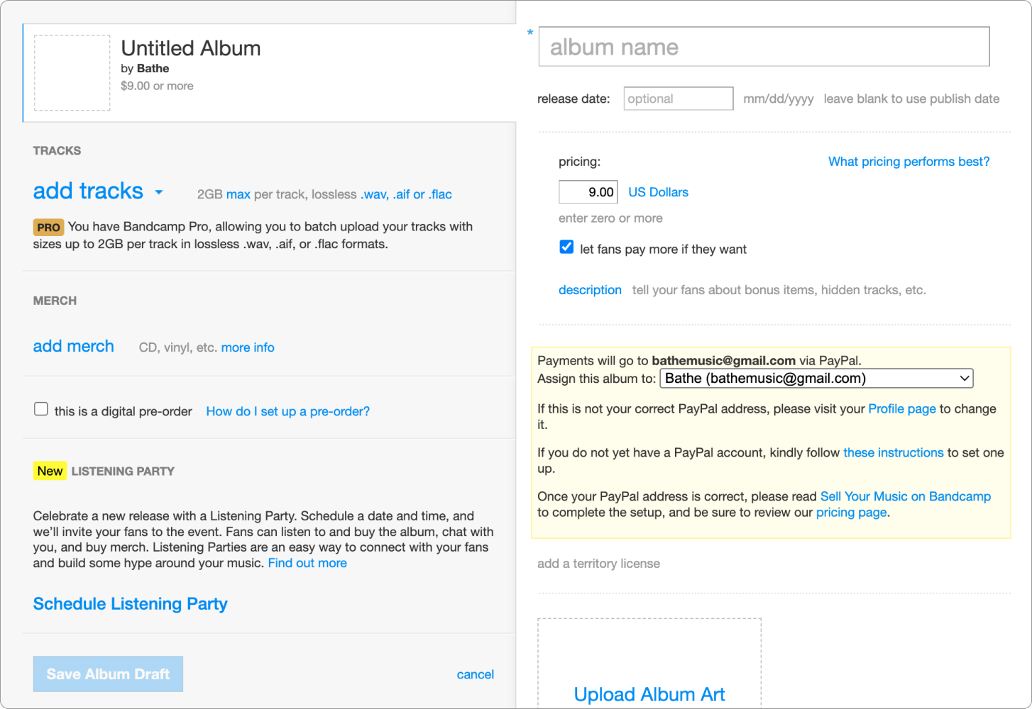 a screenshot of the Bandcamp music upload tool. It has several actions of varying sizes and colors and an extremely dense layout